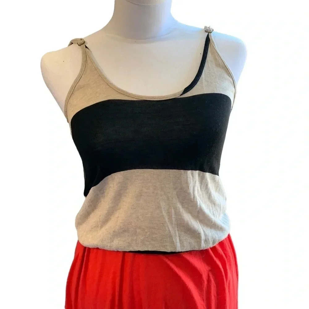 WOODLEGH women's XS maxi asymmetrical striped dress, black, tan and coral - Picture 3 of 5